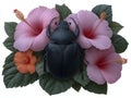 Black beetle surrounded by pink hibiscus flowers. Royalty Free Stock Photo