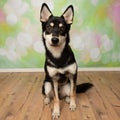 black and beige husky mix puppy dog sitting down looking at camera