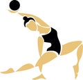 Black and beige stylized silhouette. A young gymnast performs an exercise with a ball. Logo.