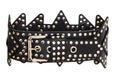 A black belt with a buckle and studs as a bright accessory for women`s clothing