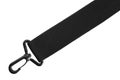 Black belt rope strap lanyard, hanging plastic clasp snap latch hook carabiner, isolated macro closeup horizontal detail, large Royalty Free Stock Photo