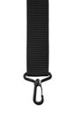 Black belt rope strap lanyard, hanging plastic clasp snap latch hook carabiner, isolated macro closeup, large detailed studio shot