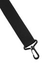 Black belt rope strap lanyard, hanging plastic clasp snap latch hook carabiner, isolated macro closeup, large detailed vertical Royalty Free Stock Photo