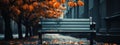 A black bench in a lonely park in autumn