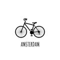 Black silhouette Bicycle with inscription Amsterdam. Most common transport in Amsterdam. Can be used for postcards and tourist