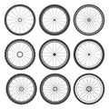 Black bicycle wheel symbols collection. Bike rubber tyre silhouettes. Fitness cycle, road and mountain bike. Vector Royalty Free Stock Photo