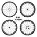 Black bicycle wheel symbols collection. Bike rubber tyre silhouettes. Fitness cycle, road and mountain bike. Vector Royalty Free Stock Photo