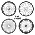 Black bicycle wheel symbols collection. Bike rubber tyre silhouettes. Fitness cycle, road and mountain bike. Vector Royalty Free Stock Photo