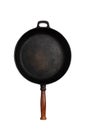 Black big round cast-iron classic frying pan on a white background close-up top view. food industry concept