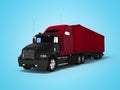 Black big truck with red trailer 3d render on blue background with shadow Royalty Free Stock Photo