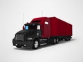 Black big truck with red trailer 3d render on gray background with shadow Royalty Free Stock Photo