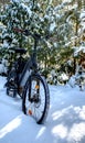 Black bike in deep dense white snow of winter with laurel bushes in background before bike ride in cold weather