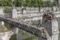 Black-billed gulls on beam at flooded ruins of collapsed concrete building, Christchurch, New Zealand