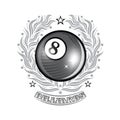 Black billiard ball in center of silver olive wreath. Sport logo for any billiard game