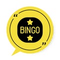 Black Bingo icon isolated on white background. Lottery tickets for american bingo game. Yellow speech bubble symbol