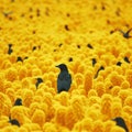 Black bird amidst sea of yellow, a visually striking contrast