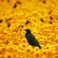 Black bird amidst sea of yellow, a visually striking contrast