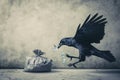 Black Bird Flying Next to Bag of Money, Unanticipated Encounter With Greed and Opportunity, A crow flying away with a bag of money