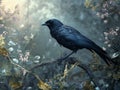 Black bird perched on a branch in a natural setting Royalty Free Stock Photo