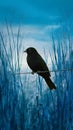 Black bird perches gracefully on wire amidst endless blue