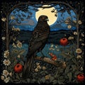 a black bird sits on a branch in front of a full moon