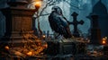 Black bird sitting on top of grave in cemetery. Generative AI Royalty Free Stock Photo