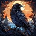 Black bird sitting on tree branch in front of full moon Royalty Free Stock Photo