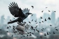 A black bird soars above a bag of money, symbolizing the pursuit of wealth and the freedom it brings, A crow flying away with a