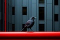 a black bird standing on a red railing in front of a building Royalty Free Stock Photo