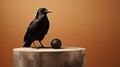 A black bird standing on a round surface
