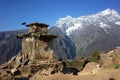 Black bird started flying from old buddhist stupa in Himalaya mountainst Royalty Free Stock Photo