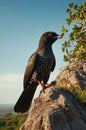 Spot-breasted oriole perched majestically on a rugged rock formation with clear blue sky. Royalty Free Stock Photo