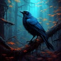 Black bird in a wooded area scenery, perched upon a tree branch. Royalty Free Stock Photo