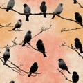 Black Birds on Branches Against Gradient Orange Background Royalty Free Stock Photo