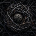 a black birds nest with a ball in it