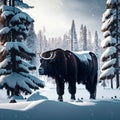 Black bison in winter forest. 3d rendering, 3d illustration. generative AI