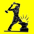 Black blacksmith with hammer beating on the anvil. Vector illustration Royalty Free Stock Photo