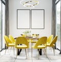 Black blank frames in Luxury modern dinning room interior background for mockup with bright yellow chairs, table with dishes,