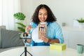 Black Blogger Lady Making Makeup Video Tutorial For Blog Indoors Royalty Free Stock Photo