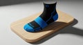 Black and Blue Athletic Sock with Brand Logo on Wooden Display Royalty Free Stock Photo