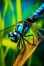 Black blue dragonfly close up. Deep blue dragonfly sits on the grass dragonfly in nature habitat. Insect dragonfly close up macro