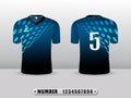 Black and blue football club t-shirt sport design template. Front and back view.