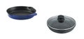 Black and blue frying pans isolated