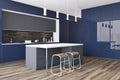 Black and blue kitchen with a bar, side view Royalty Free Stock Photo