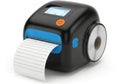 Black and blue label printer with a roll of labels isolated on white background Royalty Free Stock Photo