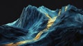 Black blue mountain, glow blue rock, golden waterfall, gilt, liquid gold, minimalist color field