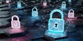 Black blue and pink padlock icon on hexagons background 3D rendering Royalty Free Stock Photo