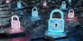 Black blue and pink padlock icon on hexagons background 3D rendering Royalty Free Stock Photo