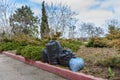 Black and blue plastic garbage bags in the park, spring cleaning Royalty Free Stock Photo