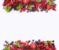 Black-blue and red fruits. Ripe red currants, strawberries, raspberries, blackberries, blueberries and blackcurrants on white back Royalty Free Stock Photo